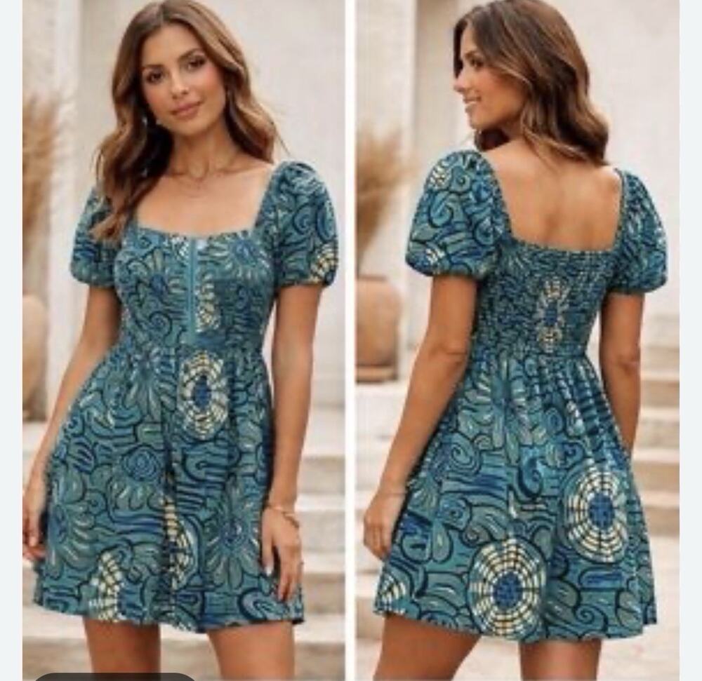 House of Harlow Linen Blend Blue Teal Floral Print Puff Sleeve Mini Dress Large